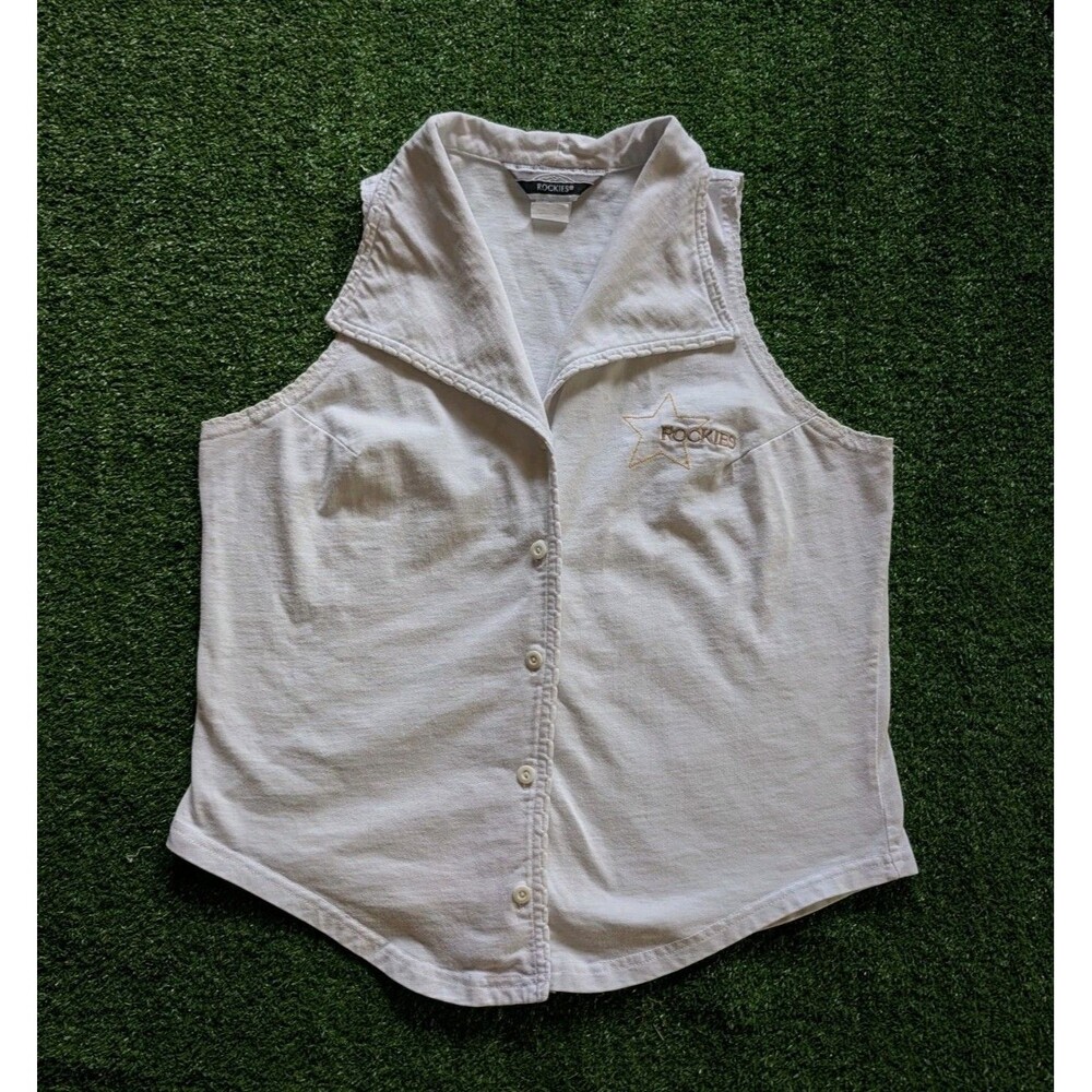 VTG Rockies Western Medium White Sleeveless Button Retro Camp Collar 80s Rodeo